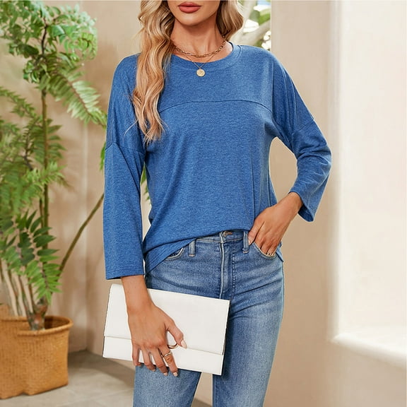 ZZwxWA Womens Fall Long Sleeve T-Shirts Cute Dressy Casual Crewneck Loose Fit Tunic Tops Women's 3/4 Sleeves Solid Plain Basic Tee Fashion T Shirt