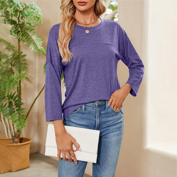 ZZwxWA Womens Fall Long Sleeve T-Shirts Cute Dressy Casual Crewneck Loose Fit Tunic Tops Women's 3/4 Sleeves Solid Plain Basic Tee Fashion T Shirt