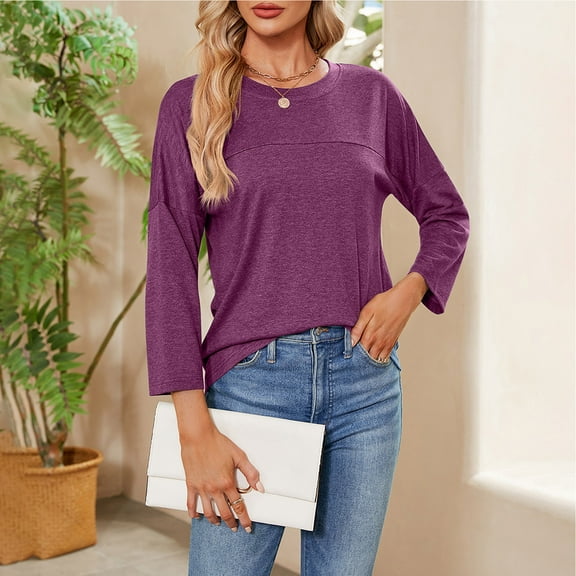 ZZwxWA Womens Fall Long Sleeve T-Shirts Cute Dressy Casual Crewneck Loose Fit Tunic Tops Women's 3/4 Sleeves Solid Plain Basic Tee Fashion T Shirt