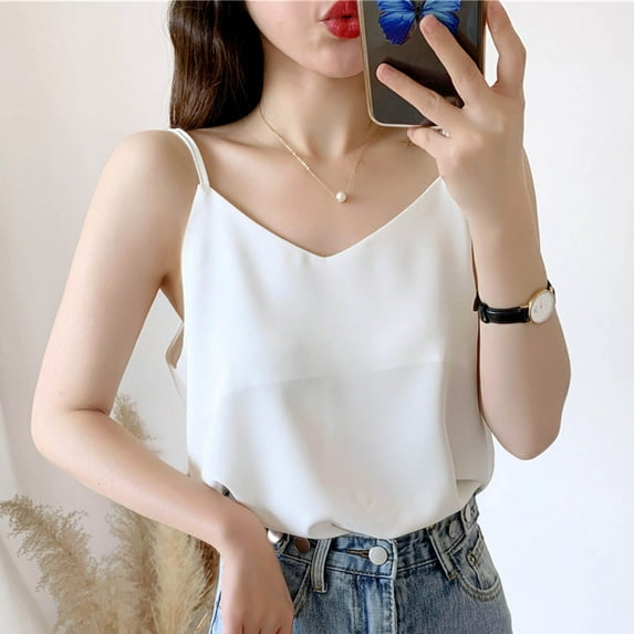 ZZwxWA Womens Fashion Chiffon Sleeveless Blouse Camisoles Solid Tank Tee Shirt Ladies Loose Round Neck Flowy Tops All-match Summer Holiday