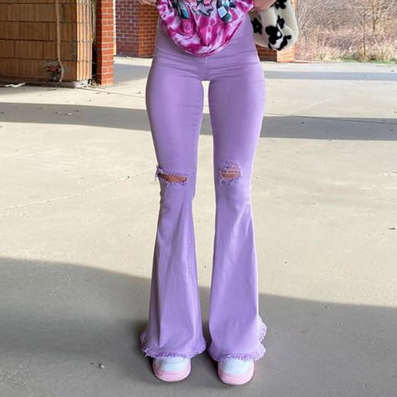 ZZwxWA Womens Flare Jeans Elastic Ripped Bell Bottom Jeans Raw Hem Wide Leg Denim Pants Fashion Ladies Teen Street Clothing