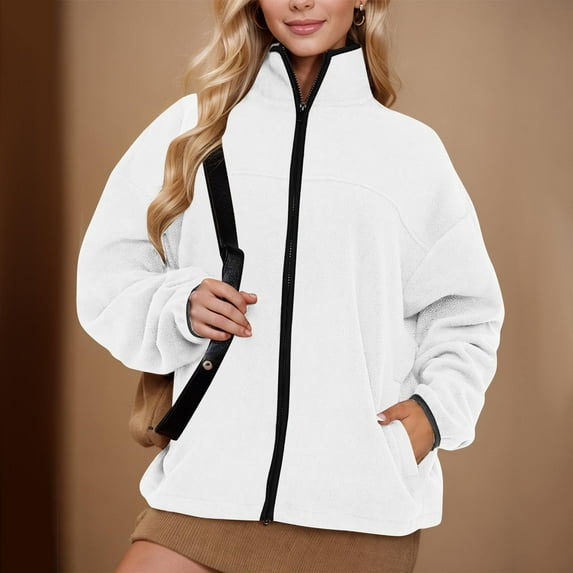 ZZwxWA Womens Fleece Zip Up Jacket Sherpa Stand Collar Jacket Long Sleeve Fuzzy Jacket Coats Outerwear with Pockets