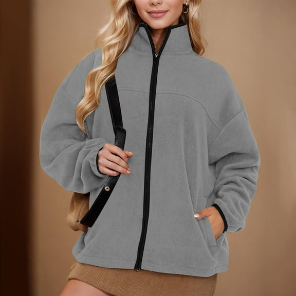 ZZwxWA Womens Fleece Zip Up Jacket Sherpa Stand Collar Jacket Long Sleeve Fuzzy Jacket Coats Outerwear with Pockets