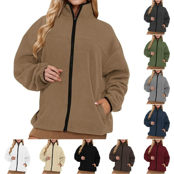 ZZwxWA Womens Fleece Zip Up Jacket Sherpa Stand Collar Jacket Long Sleeve Fuzzy Jacket Coats Outerwear with Pockets