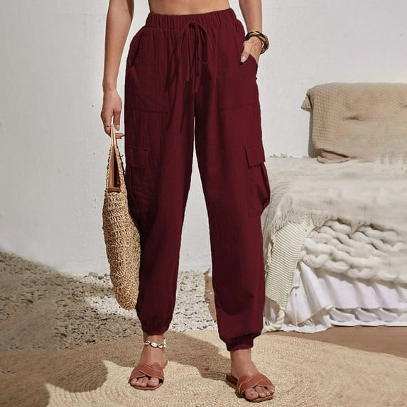 ZZwxWA Womens High Waisted Jogger Pants Solid Color Loose Hiking Joggers for Women Elastic Waist Drawstring Casual Lightweight Tapered Cargo Pants with Pockets
