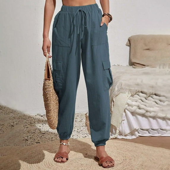 ZZwxWA Womens High Waisted Jogger Pants Solid Color Loose Hiking Joggers for Women Elastic Waist Drawstring Casual Lightweight Tapered Cargo Pants with Pockets