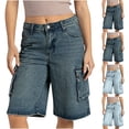 thumbnail image 1 of ZZwxWA Womens Jean Shorts Straight Leg Denim Shorts Knee Length Long Denim Shorts Streetwear Summer Cargo Pants with Pocket, 1 of 6