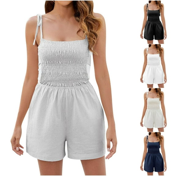ZZwxWA Womens Jumpsuits Summer Casual Square Neck Rompers Sleeveless Spaghetti Strap Shorts Jumpsuit with Pockets 2025 Outfits Clothes