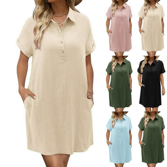 ZZwxWA Womens Lapel Button Down Dresses Henley Neck Dress with Pocket Summer Short Sleeve Dresses Casual Trendy Plain Dress Solid Color