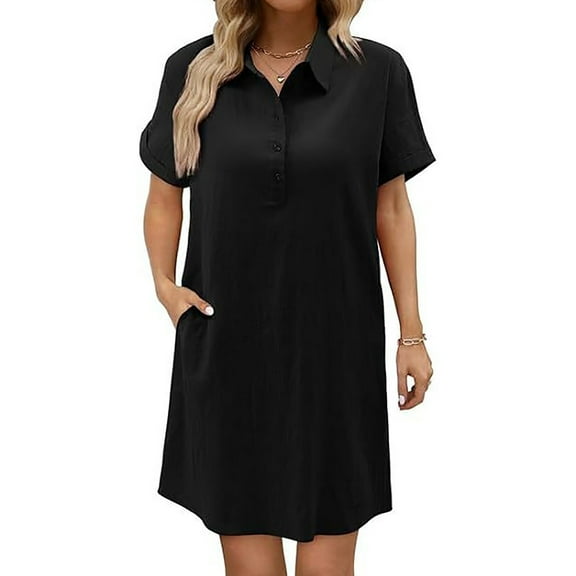 ZZwxWA Womens Lapel Button Down Dresses Henley Neck Dress with Pocket Summer Short Sleeve Dresses Casual Trendy Plain Dress Solid Color