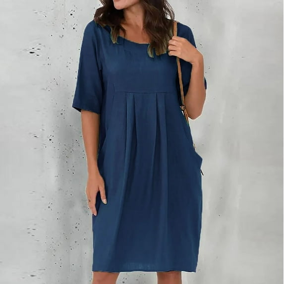ZZwxWA Womens Linen Cotton Casual Loose Tshirt Dress with Pockets, Knee Length Comfy Summer Dresses Plus Size