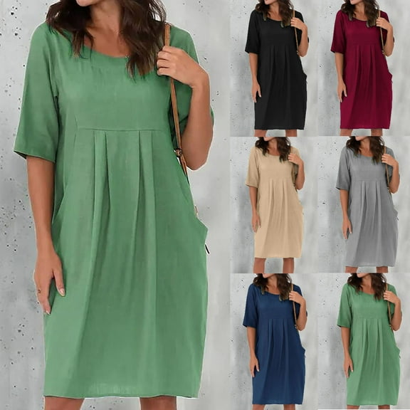 ZZwxWA Womens Linen Cotton Casual Loose Tshirt Dress with Pockets, Knee Length Comfy Summer Dresses Plus Size