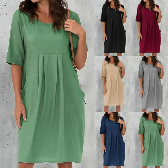 ZZwxWA Womens Linen Cotton Casual Loose Tshirt Dress with Pockets, Knee Length Comfy Summer Dresses Plus Size