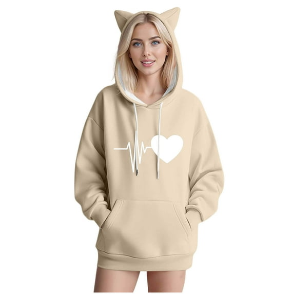 ZZwxWA Womens Long Sleeve Hoodies Fall Winter Football Love Heart Print Sweatshirts Trendy Drawstring Cute Cat Ears Pullover Tops