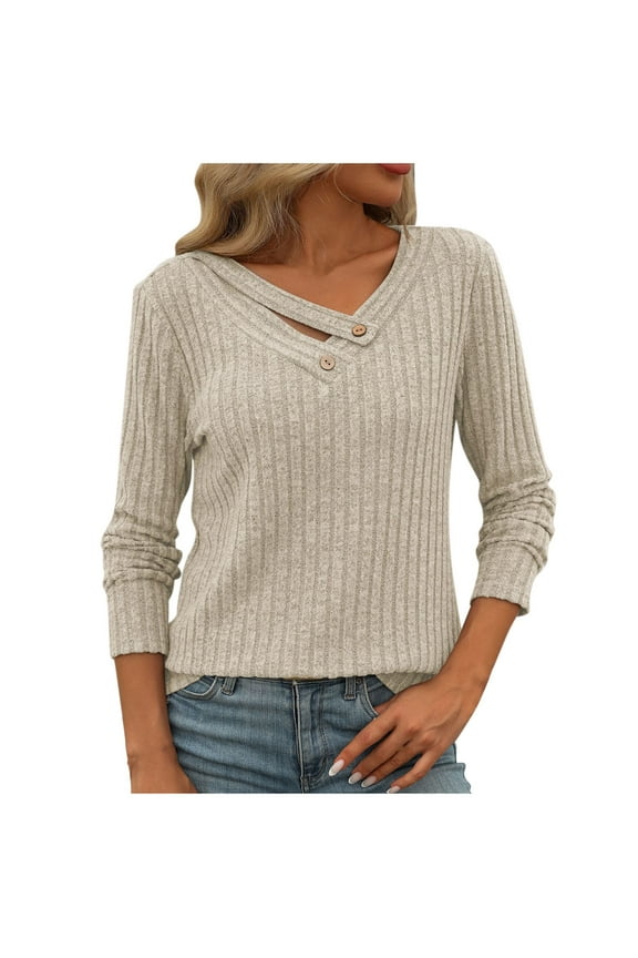 Womens Long Sleeve Tops Casual Trendy Shirts V Neck Side Button Fall Pullover Sweaters Women Striped Patchwork Knitted Sweater Solid Blouse Online Shopping