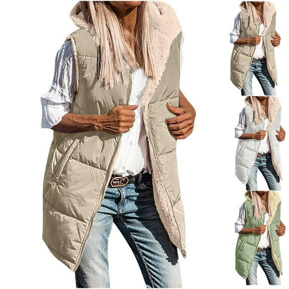 ZZwxWA Womens Long Vest Winter Warm Reversible Coats Sleeveless Fleece Jacket Casual Hooded Zipper Outwear with Pockets Womens 2025 Fall Reversible Vests Zip Up Hoodie Pockets Long Warm Winter Coat