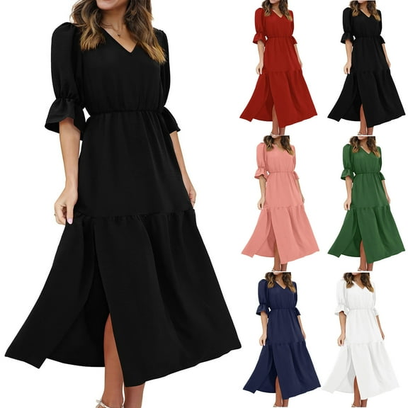 ZZwxWA Womens Mid Sleeve Solid Dress V Neck High Elastic Casual Split Dresses Ankle Length Split Waist Cinching Sundress Evening Cocktail Party
