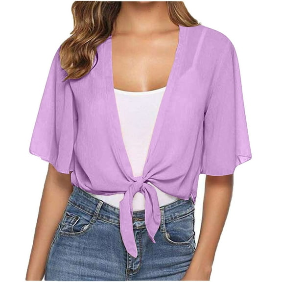 ZZwxWA Womens Oversized Shrug Chiffon Shawl Open Front Tie Short Sleeve Wraps Cropped Sheer Flowy Capes Cardigan Women Tie Front Chiffon Shrug Short Sleeve Cropped Shrug Summer Trendy Shirts