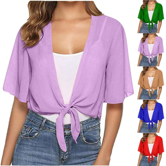 ZZwxWA Womens Oversized Shrug Chiffon Shawl Open Front Tie Short Sleeve Wraps Cropped Sheer Flowy Capes Cardigan Women Tie Front Chiffon Shrug Short Sleeve Cropped Shrug Summer Trendy Shirts