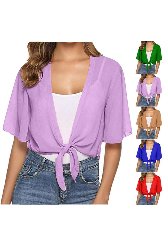 Womens Oversized Shrug Chiffon Shawl Open Front Tie Short Sleeve Wraps Cropped Sheer Flowy Capes Cardigan Women Tie Front Chiffon Shrug Short Sleeve Cropped Shrug Summer Trendy Shirts