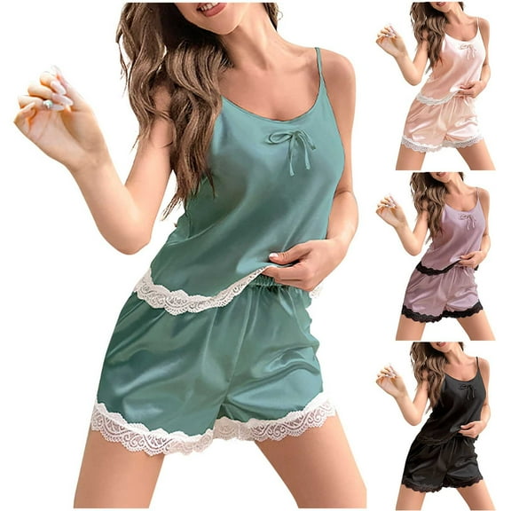 ZZwxWA Womens Pj Sets Satin Silk Sleepwear Sexy Lace Trim Sleeveless Cami Top and Shorts Comfy Matching Pj Nightwear 2025