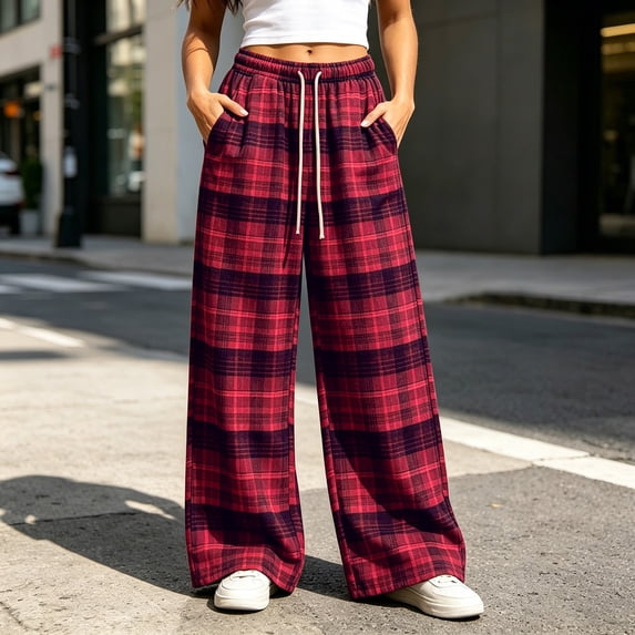 ZZwxWA Womens Plaid Checkered Pants High Waist Pajama Pants Drawstring Lounge Wide Leg Baggy Oversized Sweatpants with Pockets