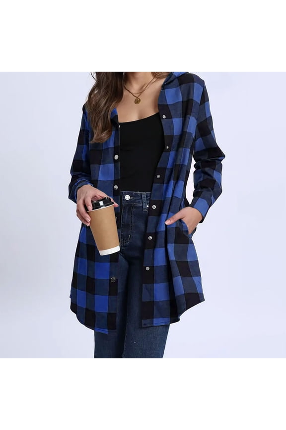 Womens Plaid Jackets Shacket Lightweight Button Down Hooded Shirt Jacket Loose Fit Long Sleeve Tops Outerwear Fall Outfits