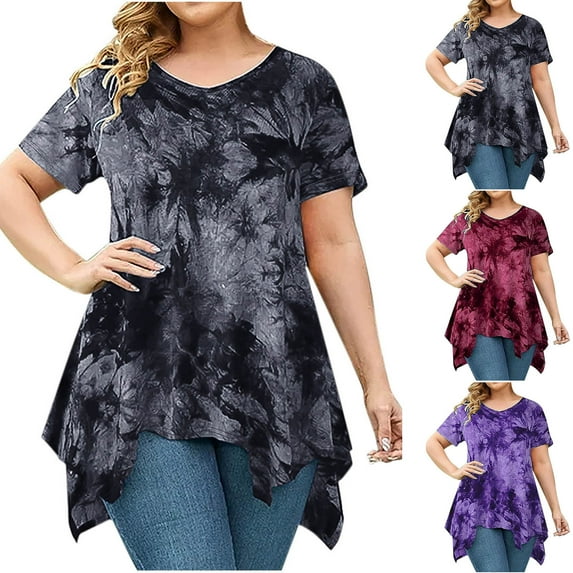 ZZwxWA Womens Plus Size Casual Tunic Tops Summer Short Sleeve Shirts for Women Flowy Hankerchief Hemline Tie Dye