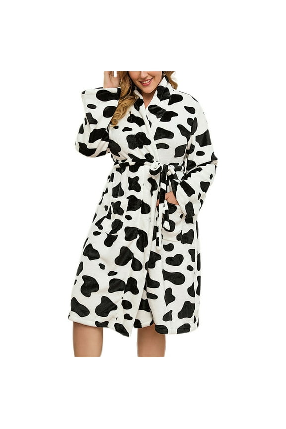 Womens Plus Size Fleece Robe, Soft Plush Bathrobe for Women, Cute Cow Print Midi Sleepwear Housecoat Winter Loungewear
