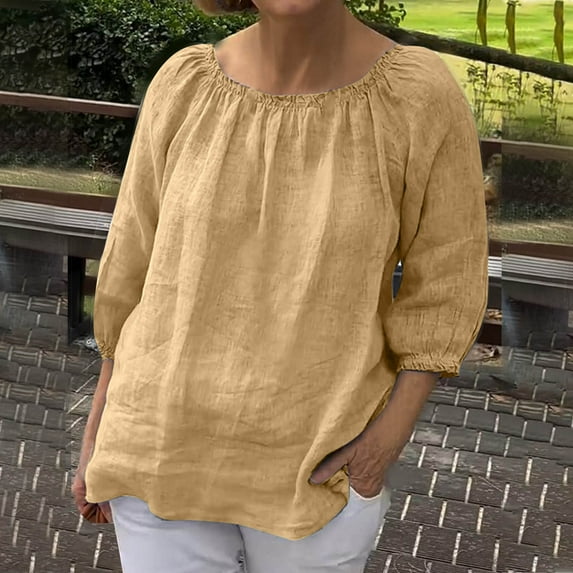 ZZwxWA Womens Plus Size Tops 3/4 Sleeve Crew Neck Blouse Solid Basic Pleated T Shirt Loose Fit Pullover Beach Shirts