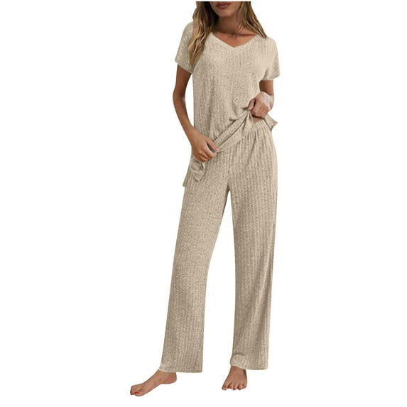 ZZwxWA Womens Ribbed Knit Lounge Set Short Sleeve Top and Long Pants Pajamas V Neck 2 Piece Sleepwear Solid Color Sale