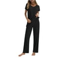 thumbnail image 1 of ZZwxWA Womens Ribbed Knit Lounge Set Short Sleeve Top and Long Pants Pajamas V Neck 2 Piece Sleepwear Solid Color Sale, 1 of 5