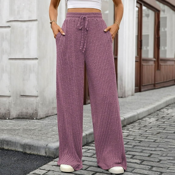ZZwxWA Womens Ribbed Wide Leg Lounge Pants with Pockets Casual Relaxed Comfy Loose Soft Knit Pajama Pants with Drawstring