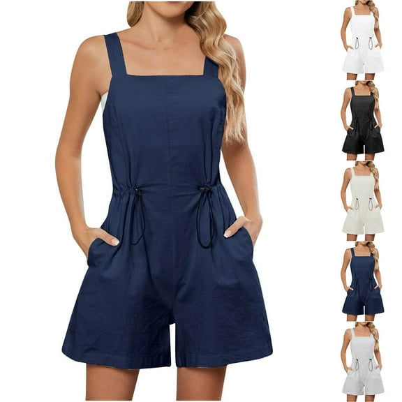 ZZwxWA Womens Rompers Casual Short Overalls Loose Jumpsuits Drawstring Sleeveless Summer Outfits Clothes with Pockets