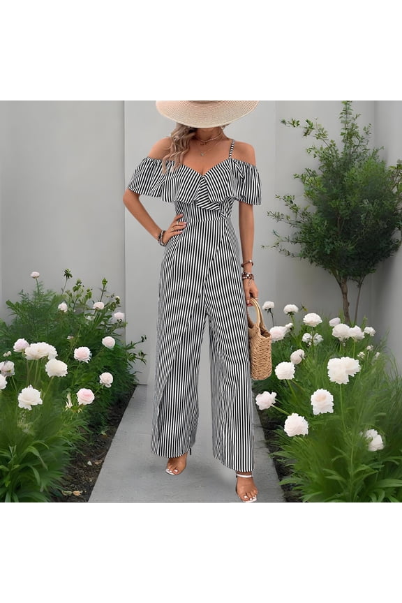 Womens Rompers Ruffle Trim Cold Shoulder Short Sleeve Empire Waist Stripe Print Wide Leg Jumpsuit Pants Cocktail Party