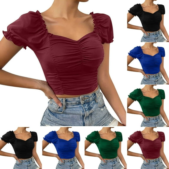ZZwxWA Womens Ruched Short Puff Sleeve Tops Sweetheart Neck Frill Trim Elegant Shirts Crop Tops