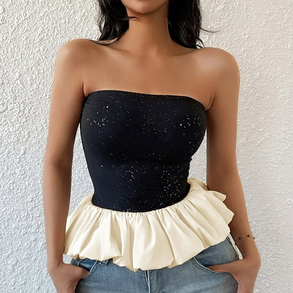 ZZwxWA Womens Ruffle Hem Bandeau Tube Tops Casual Sleeveless Strapless Peplum Flowy Blouse Shirts Summer Going Out Tanks