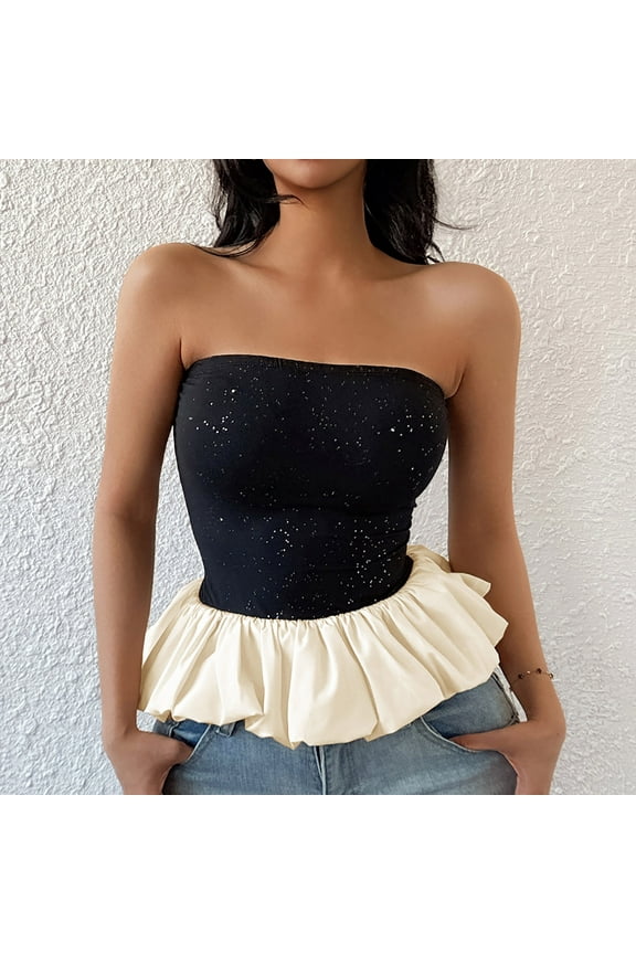 Womens Ruffle Hem Bandeau Tube Tops Casual Sleeveless Strapless Peplum Flowy Blouse Shirts Summer Going Out Tanks