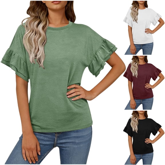 ZZwxWA Womens Ruffle Short Sleeve Shirts Dressy Casual 2025 Summer Crewneck Cute Tops Trendy Outfits Fashion Clothes