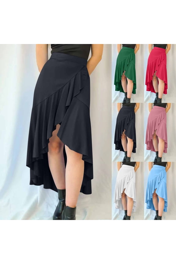 Womens Ruffle Wrap Maxi Skirt Flare High Waist Asymmetrical Hem Elegant Beach with Slit Flowy Pleated Midi Skirt