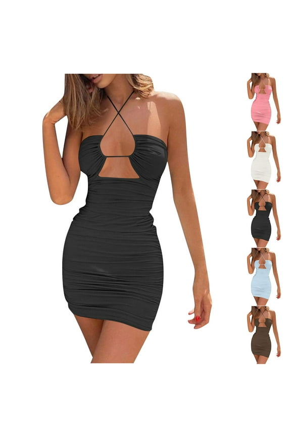 Womens Sexy Cut Out Sleeveless Ruched Bodycon Mini Dress Party Club Dress
