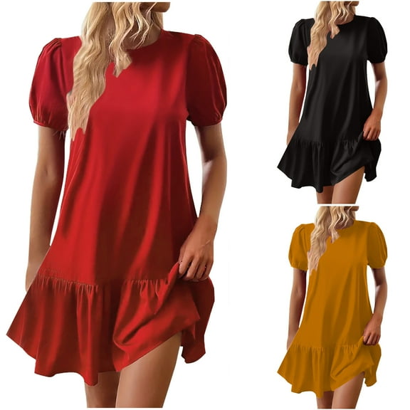 ZZwxWA Womens Sexy Fall Dress Women Drop Waist Short Sleeve Round Neck Puff Sleeve Ruffle Hem Dress Cocktail Party Dress