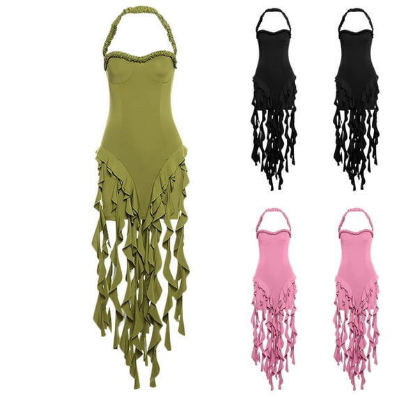 ZZwxWA Womens Sexy Halter Neck Tassels Ruffle Backless Bodycon Mini Dress Sleeveless Backless Hem Party Short Dresses