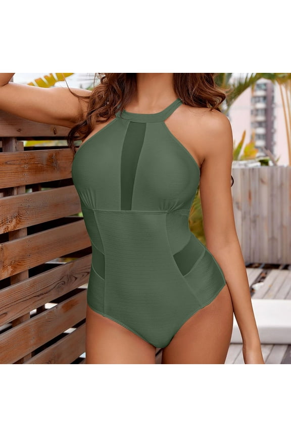 Womens Sexy Mesh One Piece Swimsuits See Through High Neck Monokini Swimwear Beachwear Hollow Out Bathing Suit