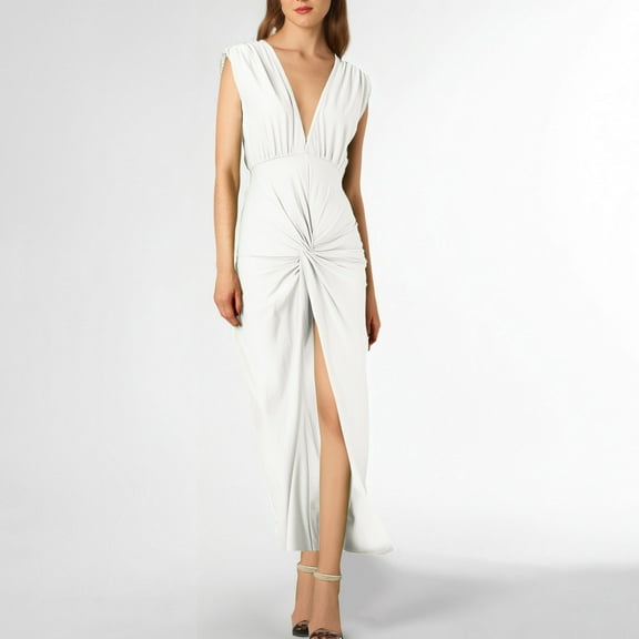 ZZwxWA Womens Sexy Plunging V Neck Maxi Dresses Elegant Ruched Twist Knot Bodycon High Slit Backless Cocktail Party Dress