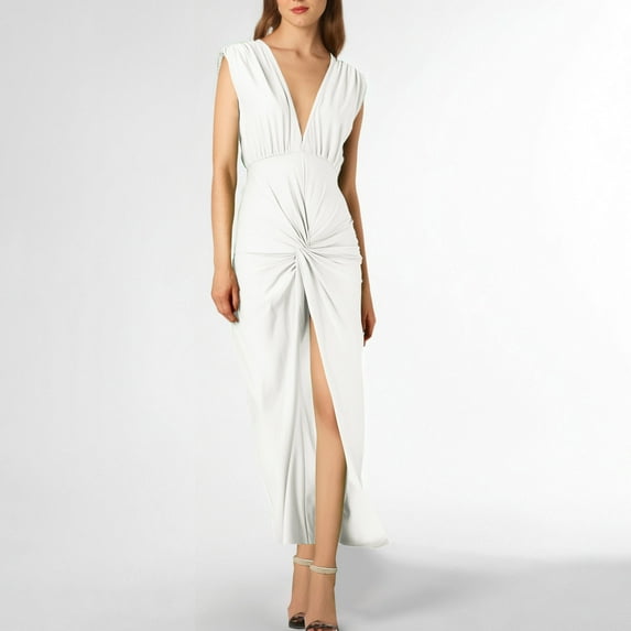 ZZwxWA Womens Sexy Plunging V Neck Maxi Dresses Elegant Ruched Twist Knot Bodycon High Slit Backless Cocktail Party Dress