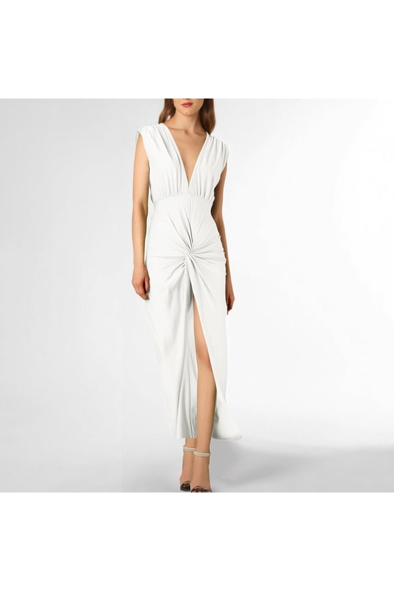 Womens Sexy Plunging V Neck Maxi Dresses Elegant Ruched Twist Knot Bodycon High Slit Backless Cocktail Party Dress