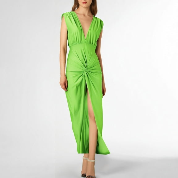 ZZwxWA Womens Sexy Plunging V Neck Maxi Dresses Elegant Ruched Twist Knot Bodycon High Slit Backless Cocktail Party Dress