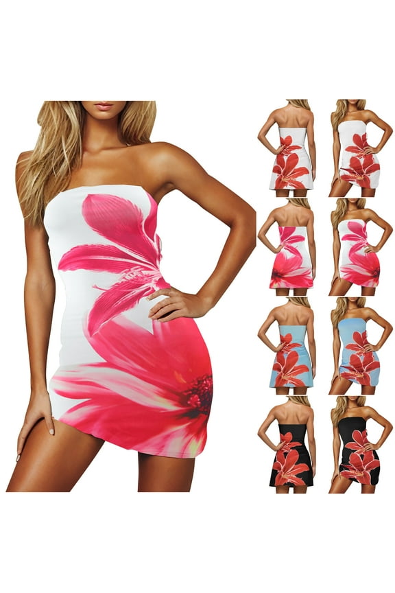 Womens Sexy Strapless Floral Pattern Bodycon Tube Mini Dresses Summer Skinny Sleeveless Backless Bandeau Tube Dress
