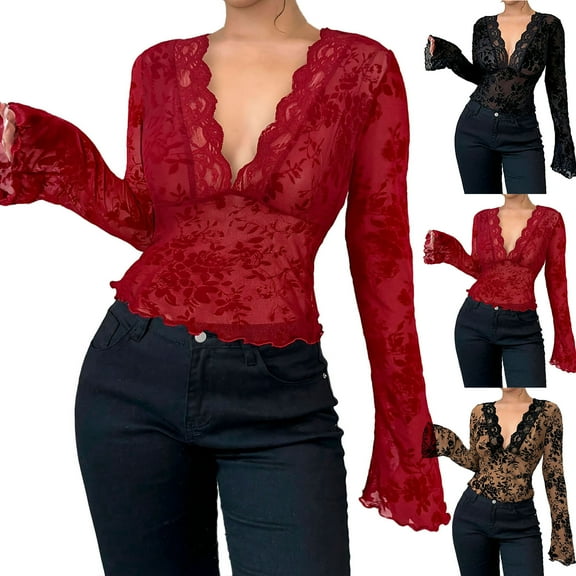 ZZwxWA Womens Sexy V Neck See Through Lace Crop Top Long Sleeve Slim Fit Sheer Mesh Crop Blouse Shirt Clubwear Summer